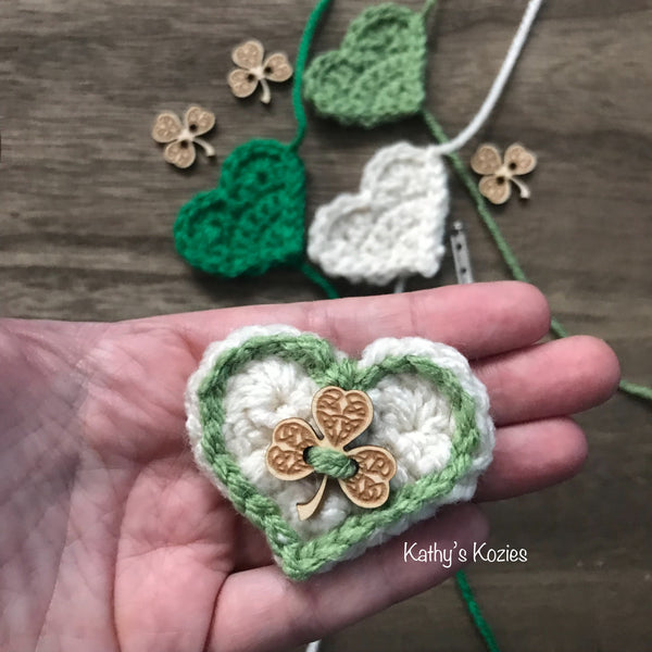 Simple Crocheted Heart Appliqué / Heart Shamrock Button Pin